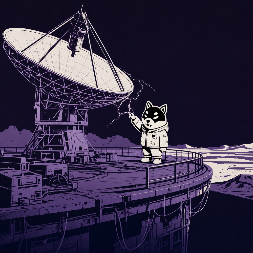 Void Inu in a white parka on an observatory deck, touching static from a broken radio dish